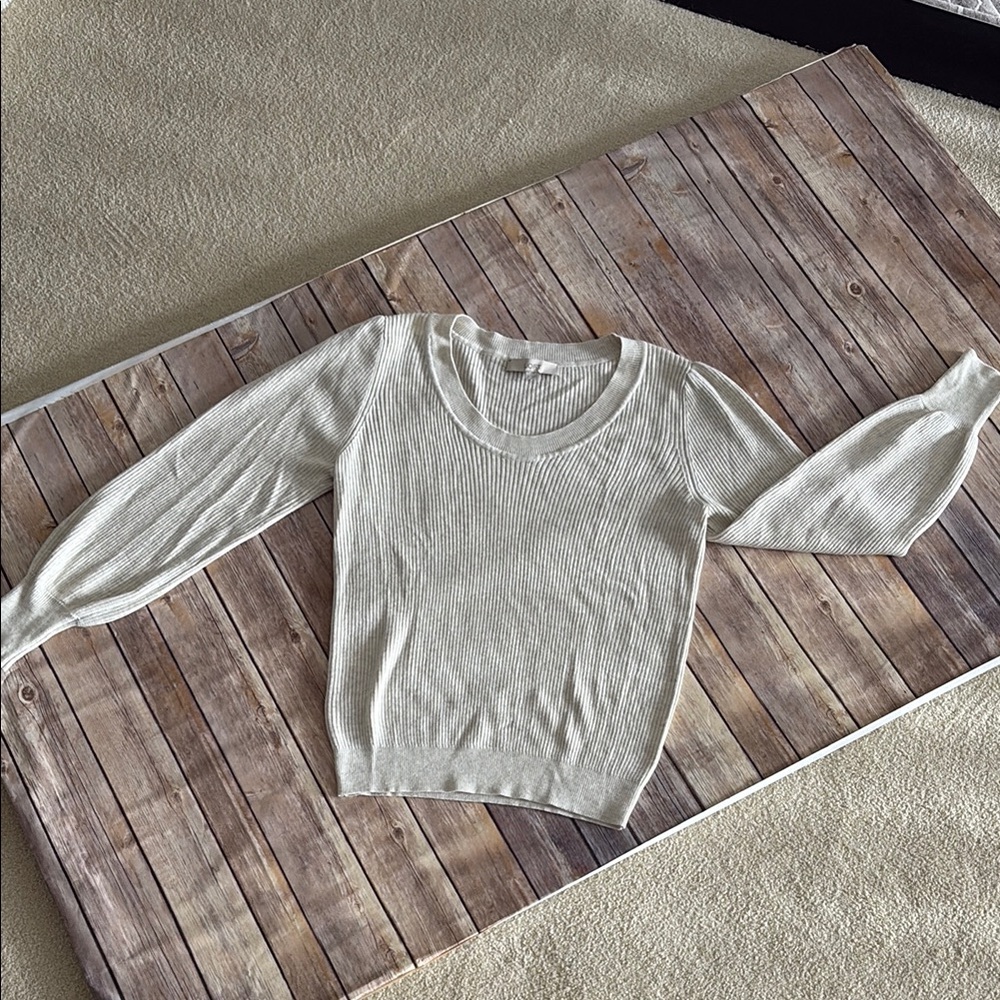 LOFT Ribbed Cream Scoop Neck Sweater with Cuffs - Picture 2 of 4